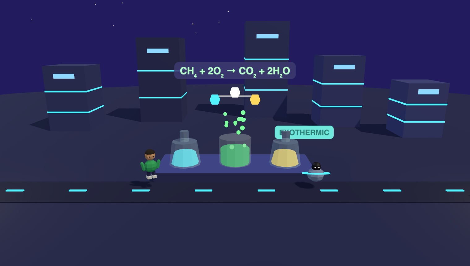 A chemistry Playground – students mix reactants and watch the reaction rate respond in a low-poly lab