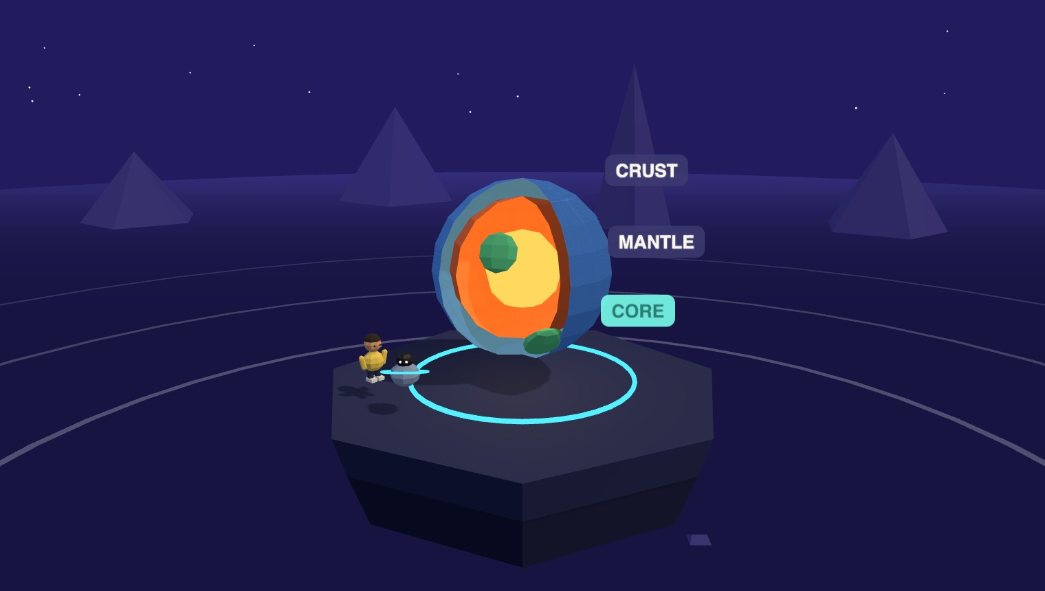 A generated earth-cutaway world showing crust, mantle and core