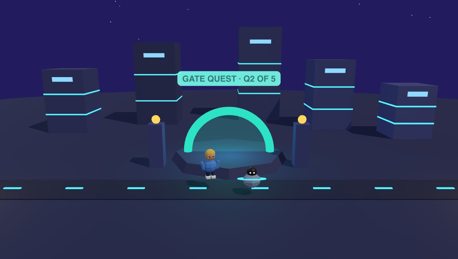 A generated quest-gate world – a glowing arch that opens when the graded question is answered