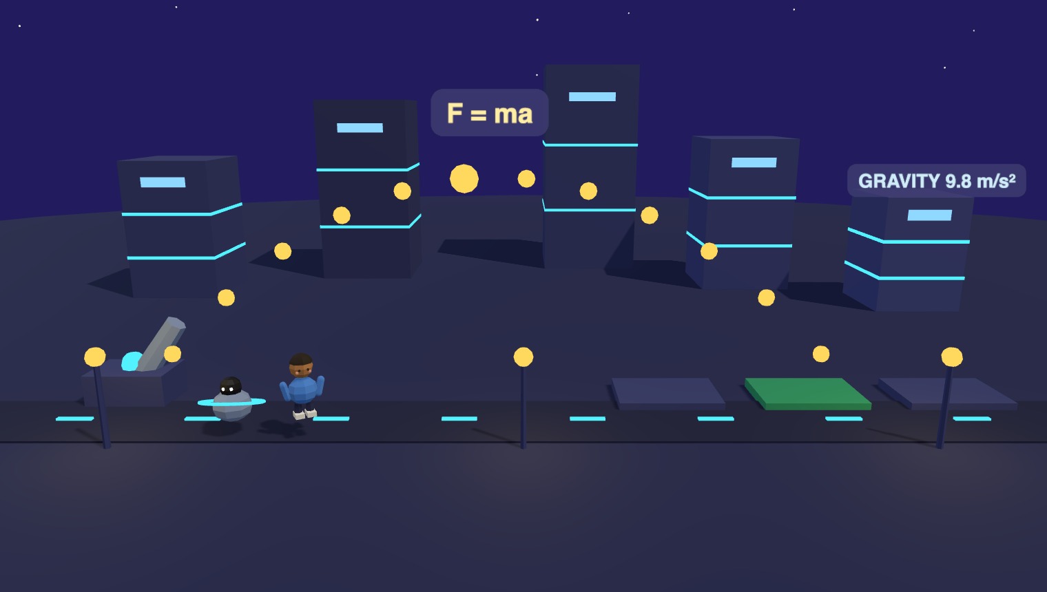 A Playground world – a low-poly physics lab where a class sets launch variables and watches the arc respond