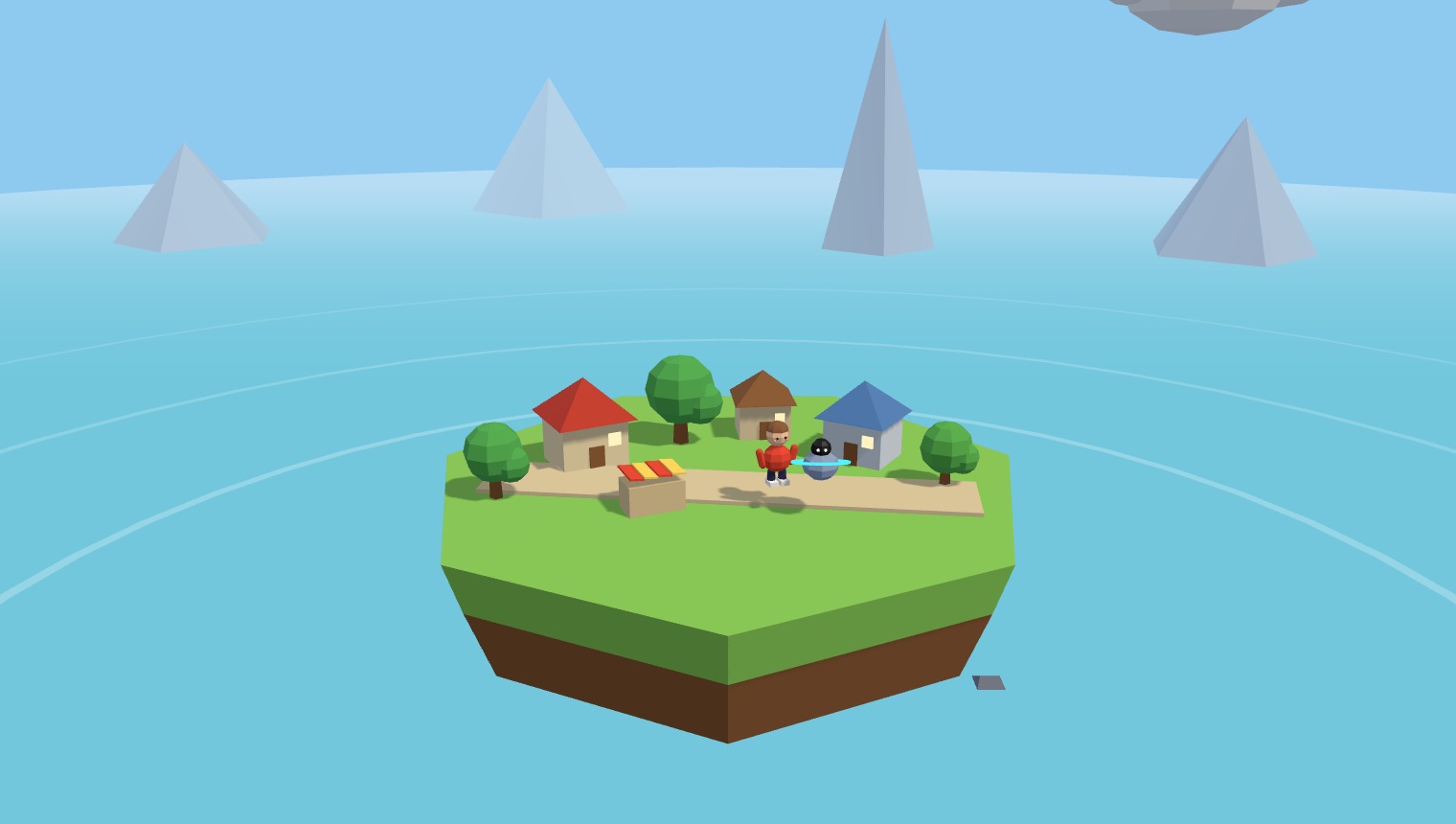 A generated village world with a lesson caption card – theory delivered inside the world